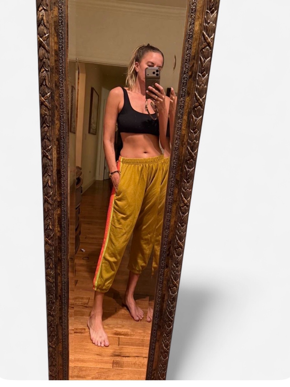 Aviator Nation Mustard Track Pants with Pink-Orange Side Stripe